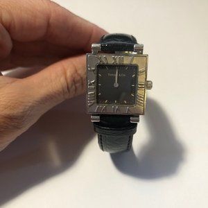 Womens Tiffany & Co. Black Stainless Steel Atlas Swiss Made Square Shape Watch *